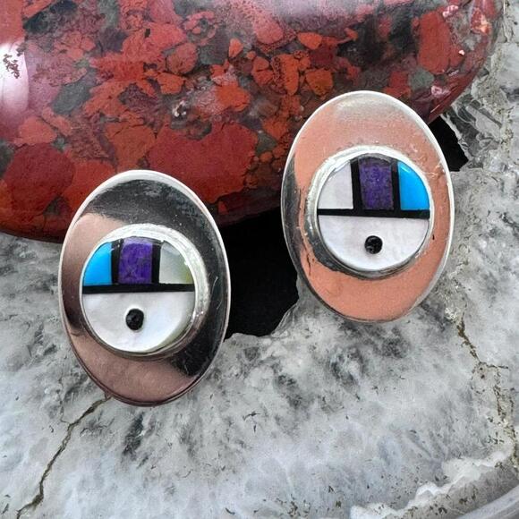 Starllie & Sheryl Edaakie Sterling Multistone Inlay Sunface Stud Earrings #2 - Picture 1 of 10